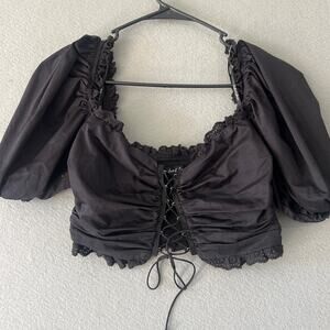 For Love & Lemon Lace Up Cotton Eyelet Puff sleeve Crop Top Blouse Black Small